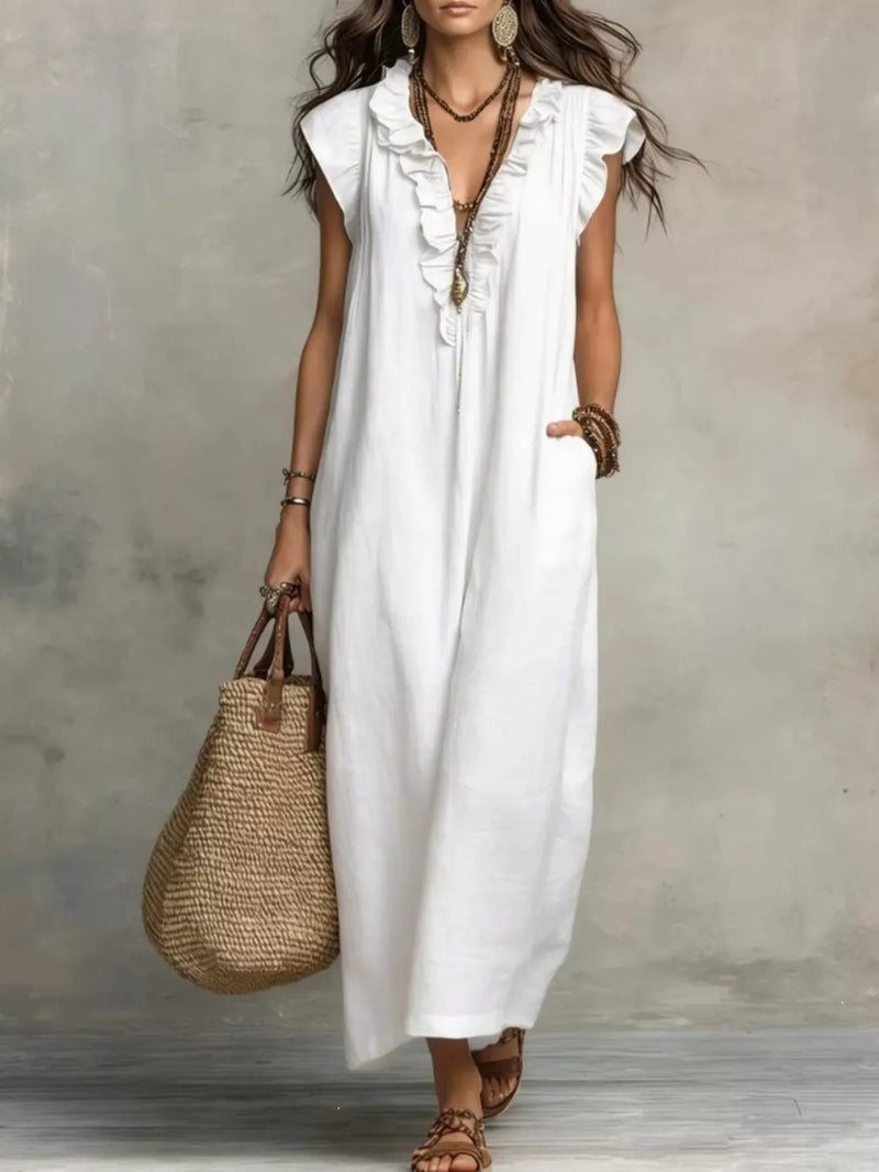 Ruffle V-Neck Loose Maxi Dress – Boho Sleeveless Casual Women Summer
