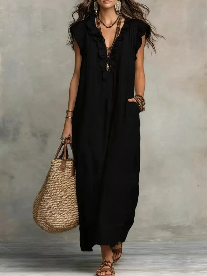 Ruffle V-Neck Loose Maxi Dress – Boho Sleeveless Casual Women Summer