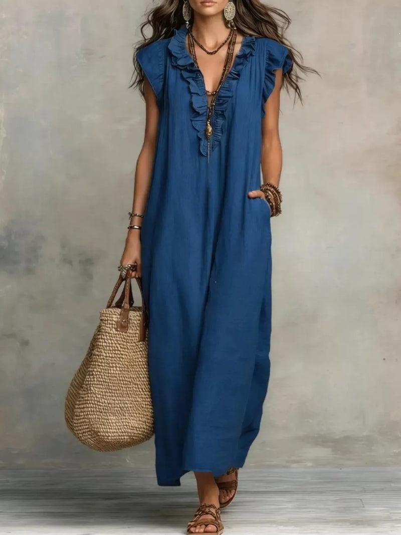 Ruffle V-Neck Loose Maxi Dress – Boho Sleeveless Casual Women Summer