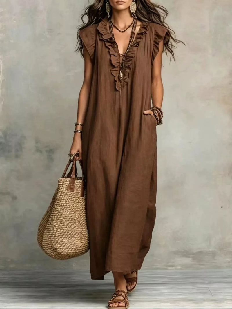 Ruffle V-Neck Loose Maxi Dress – Boho Sleeveless Casual Women Summer