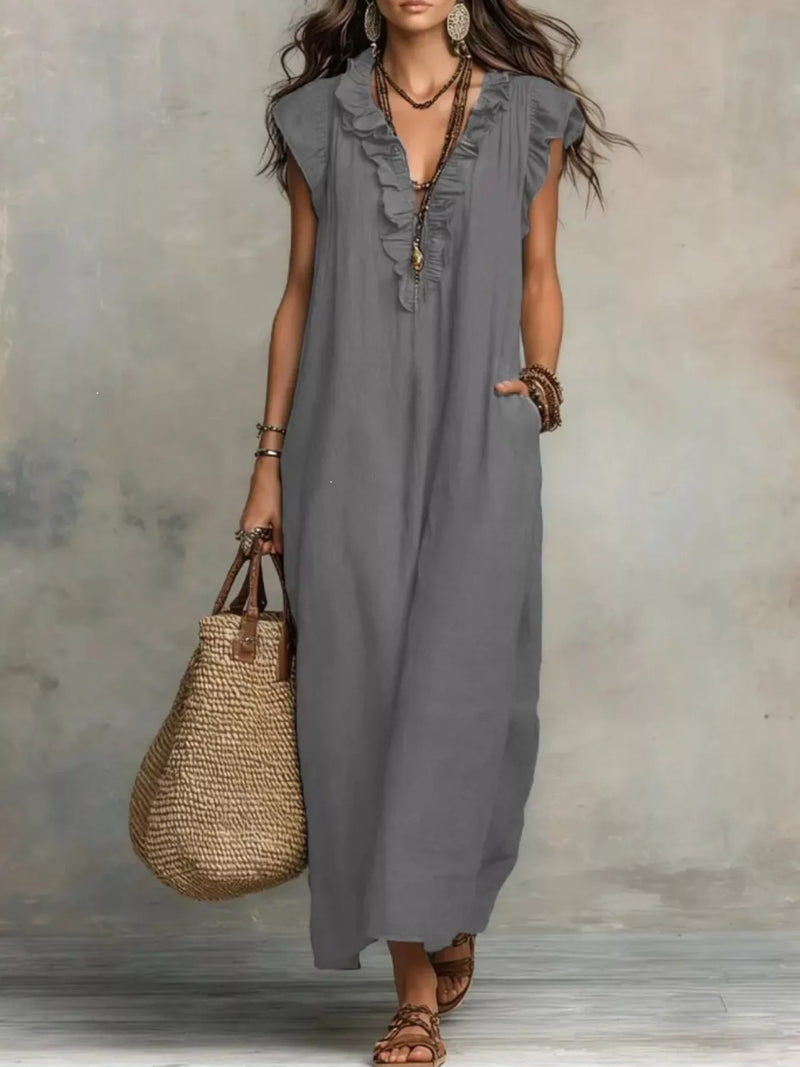 Ruffle V-Neck Loose Maxi Dress – Boho Sleeveless Casual Women Summer
