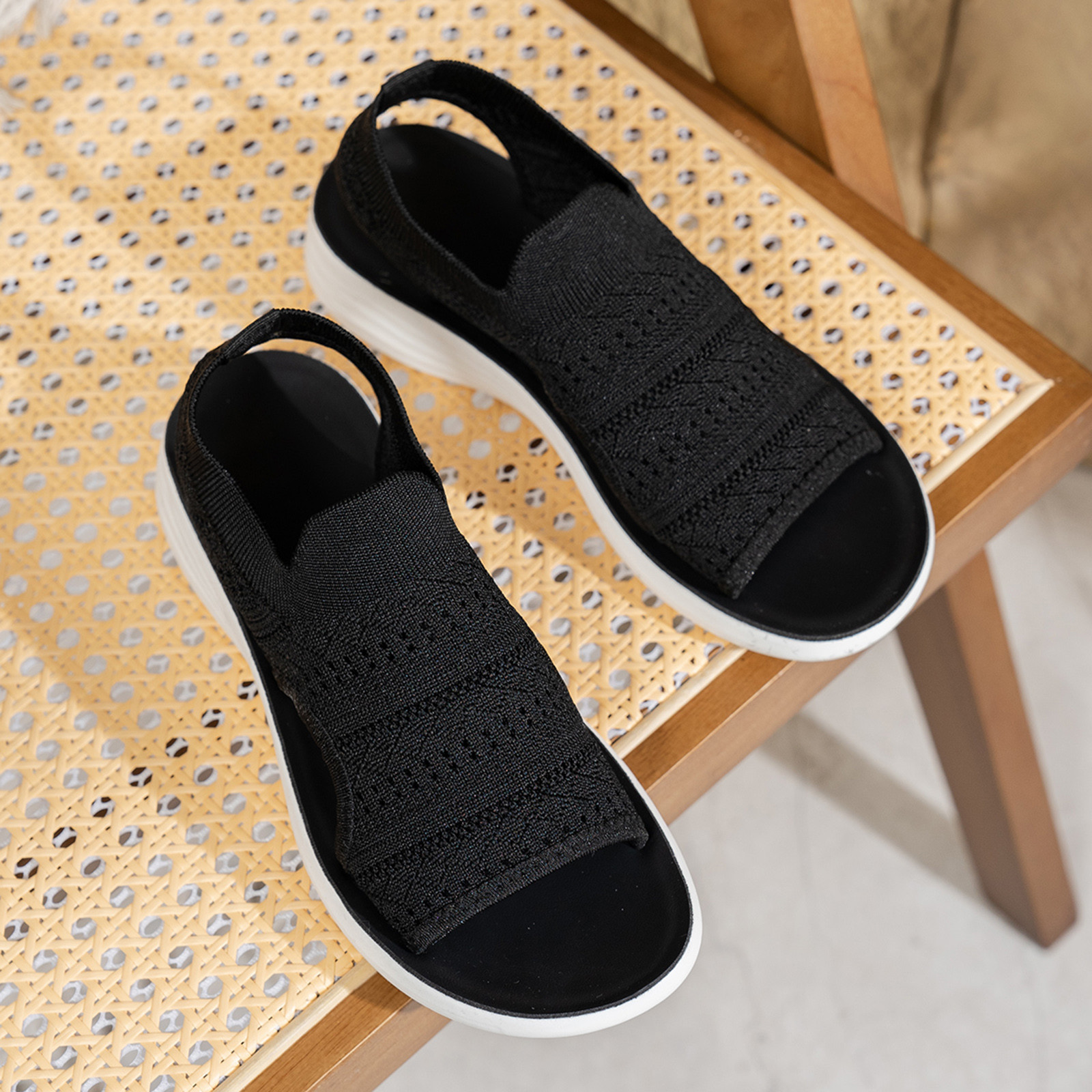 🔥Summer Sale: 50% off🛒Breathable Mesh Sandals for Women Knitted Upper Wedge Sole Casual Slip on Shoes Comfortable Flat Sandals