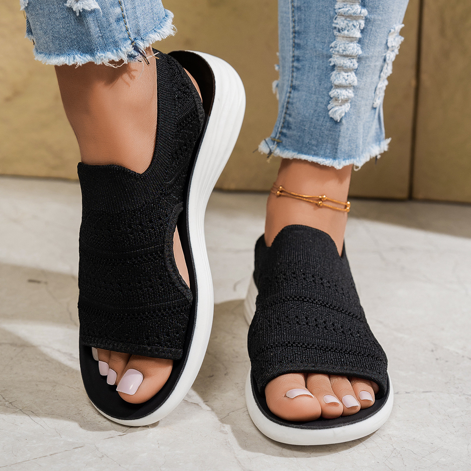 🔥Summer Sale: 50% off🛒Breathable Mesh Sandals for Women Knitted Upper Wedge Sole Casual Slip on Shoes Comfortable Flat Sandals