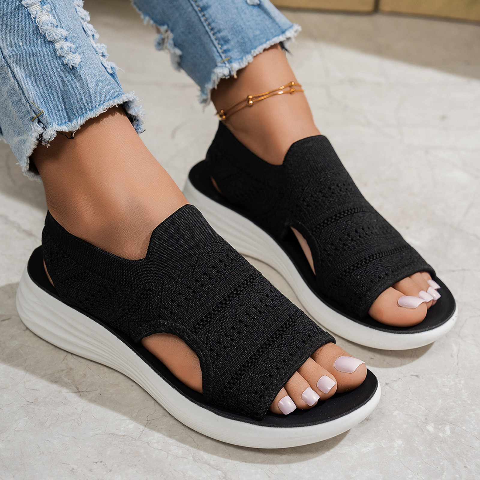 🔥Summer Sale: 50% off🛒Breathable Mesh Sandals for Women Knitted Upper Wedge Sole Casual Slip on Shoes Comfortable Flat Sandals