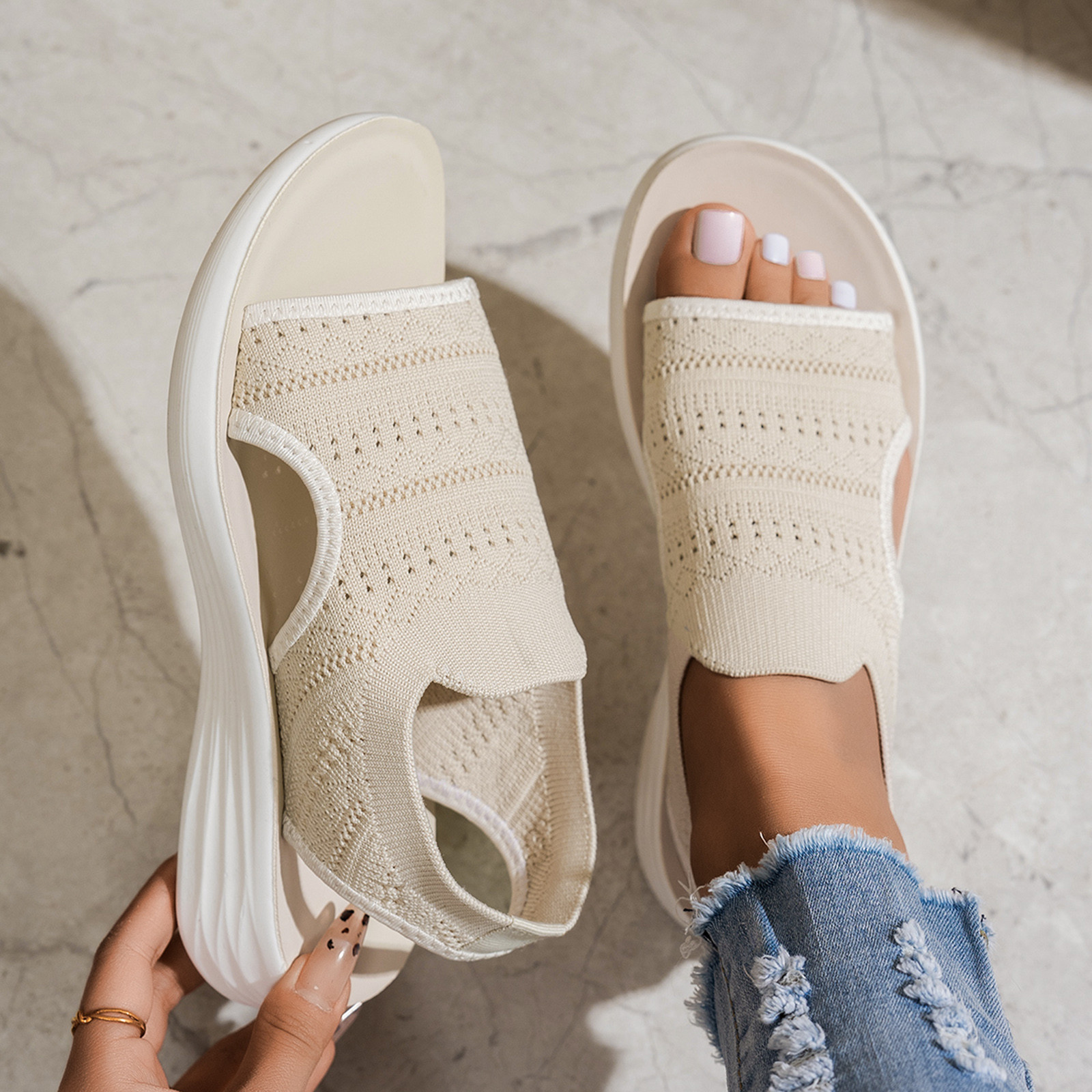 🔥Summer Sale: 50% off🛒Breathable Mesh Sandals for Women Knitted Upper Wedge Sole Casual Slip on Shoes Comfortable Flat Sandals