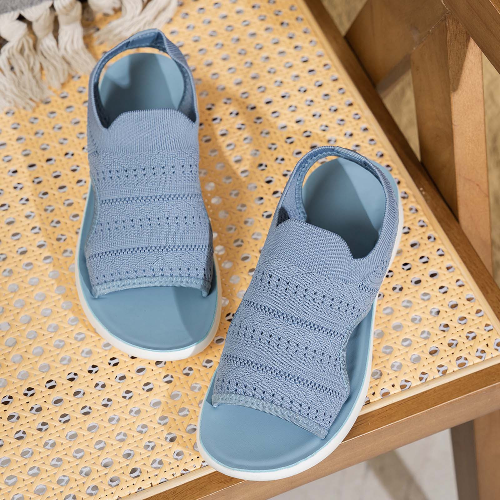🔥Summer Sale: 50% off🛒Breathable Mesh Sandals for Women Knitted Upper Wedge Sole Casual Slip on Shoes Comfortable Flat Sandals