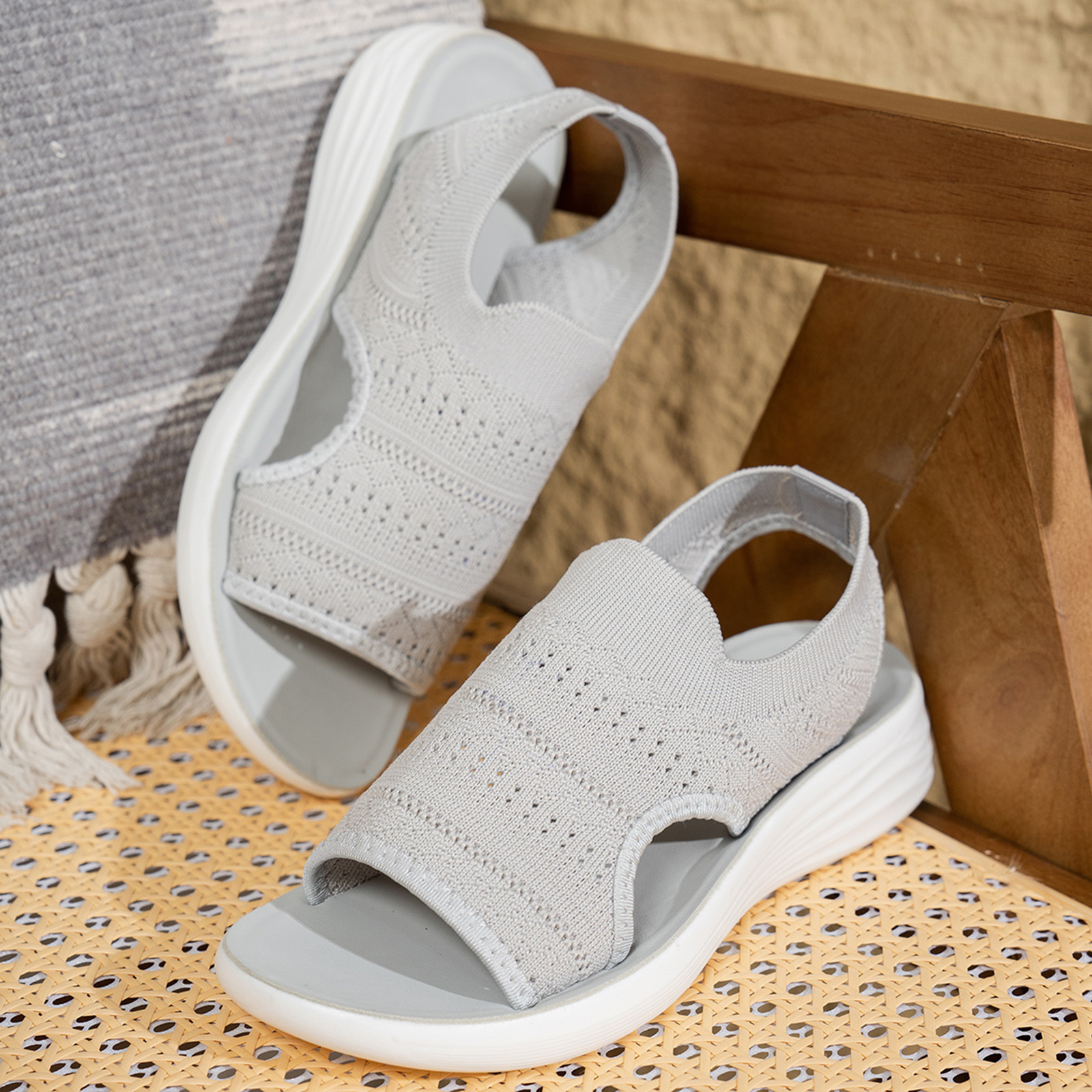 🔥Summer Sale: 50% off🛒Breathable Mesh Sandals for Women Knitted Upper Wedge Sole Casual Slip on Shoes Comfortable Flat Sandals
