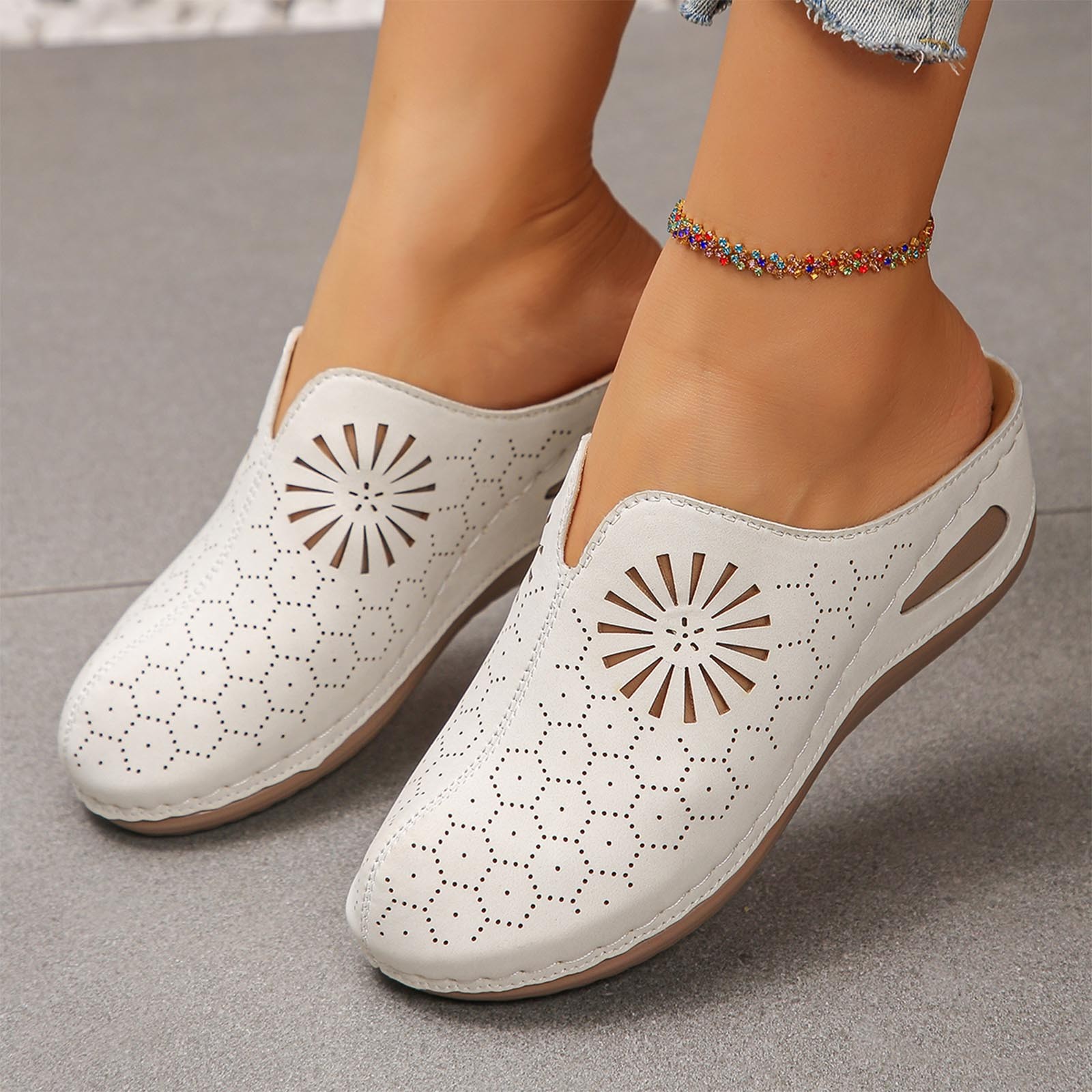 Women's Wide Width Floral Perforated Mules, Closed Toe Low Wedge Backless Clogs with Sunburst Cutouts, Comfortable Casual Shoes for Spring & Summer, Multi-Color