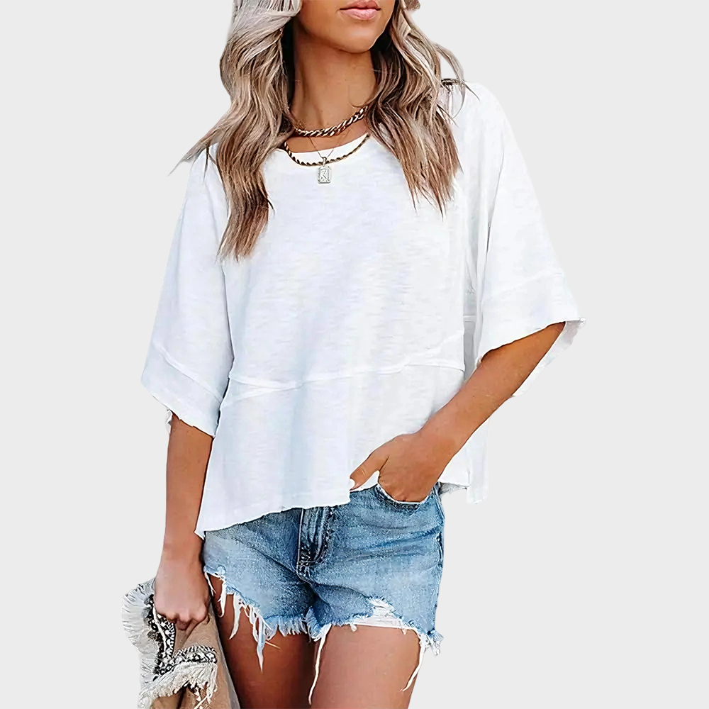 Panel Stitch Solid Color Flared Sleeve Loose Casual T-Shirt for Women Daily Wear