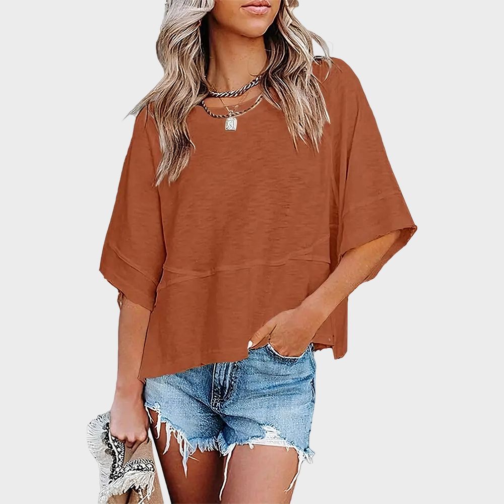 Panel Stitch Solid Color Flared Sleeve Loose Casual T-Shirt for Women Daily Wear