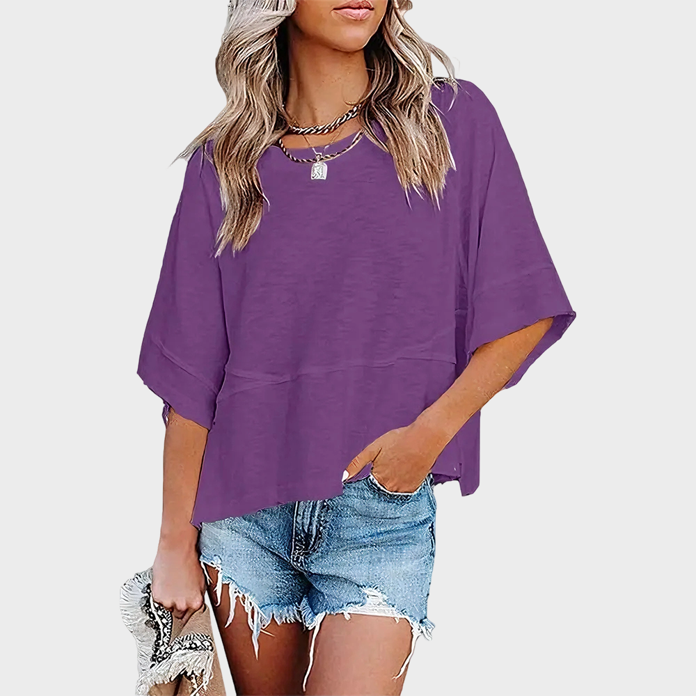 Panel Stitch Solid Color Flared Sleeve Loose Casual T-Shirt for Women Daily Wear