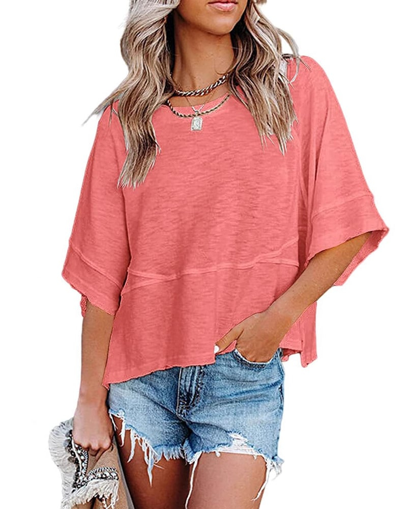 Panel Stitch Solid Color Flared Sleeve Loose Casual T-Shirt for Women Daily Wear