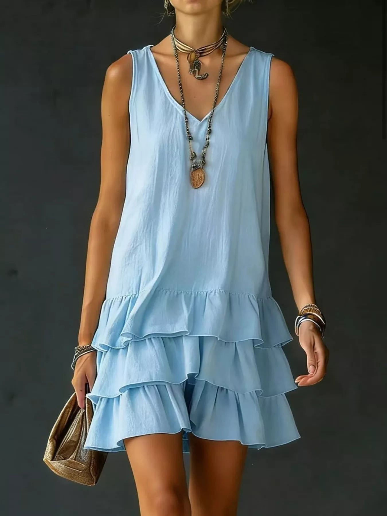 👗Full Size Ruffled Hem V-Neck Sleeveless Dress