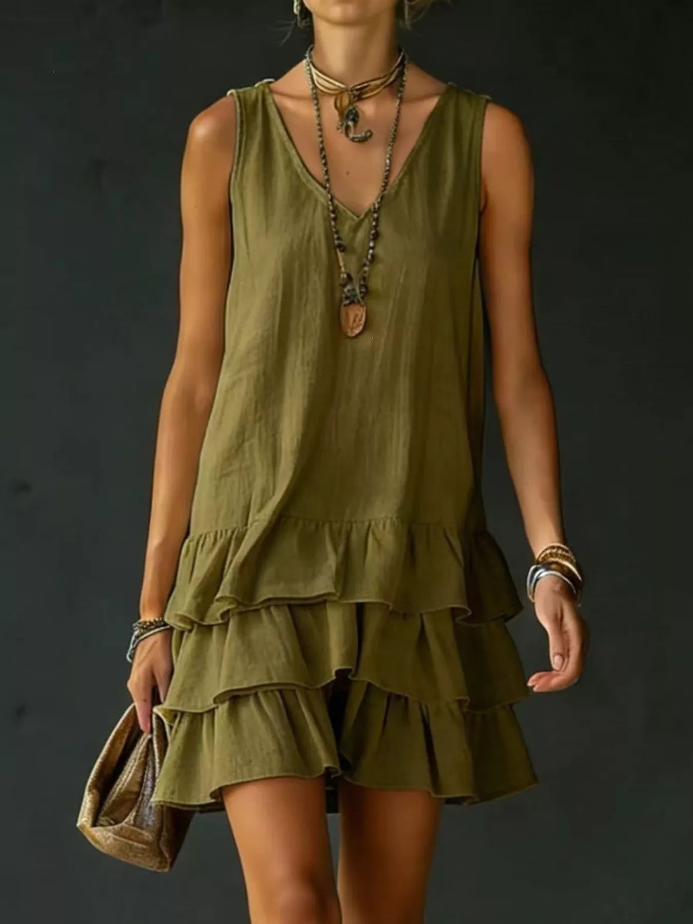 👗Full Size Ruffled Hem V-Neck Sleeveless Dress