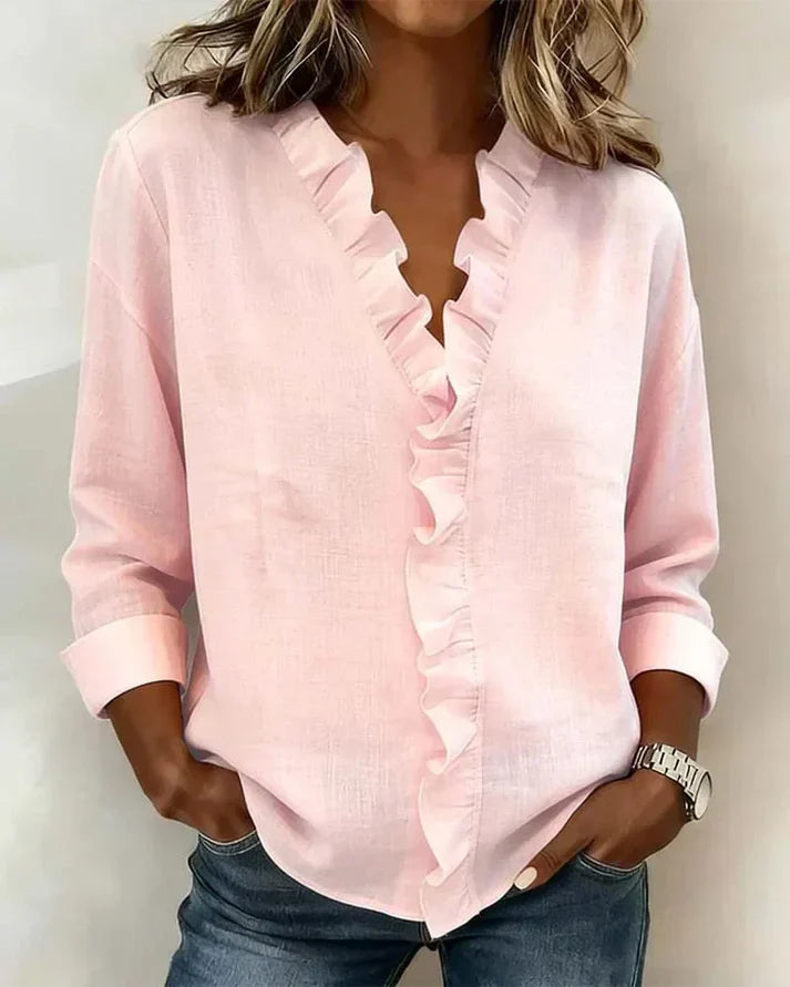Blouse woman V-neck ruffles long sleeves relaxed fit