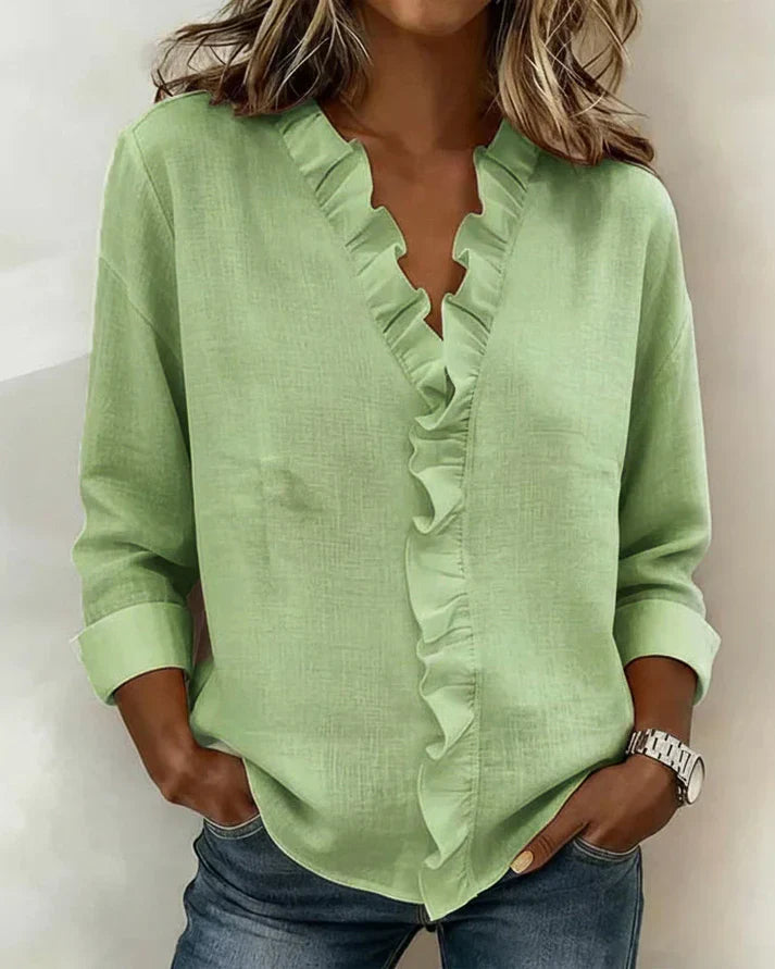Blouse woman V-neck ruffles long sleeves relaxed fit