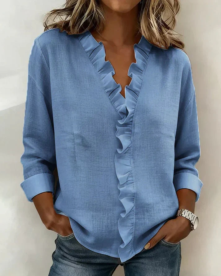 Blouse woman V-neck ruffles long sleeves relaxed fit