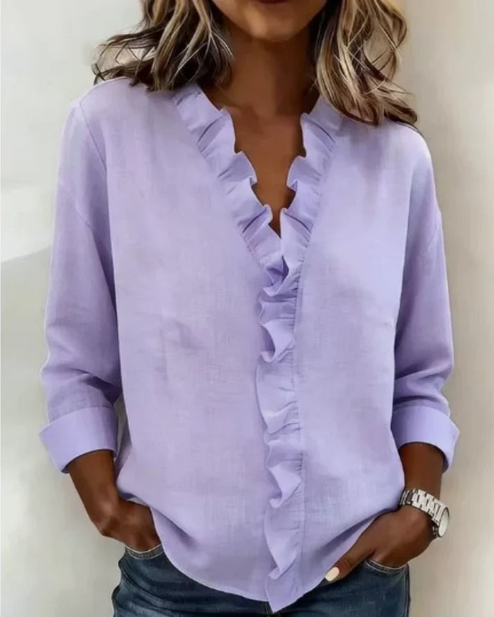 Blouse woman V-neck ruffles long sleeves relaxed fit