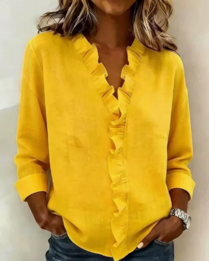 Blouse woman V-neck ruffles long sleeves relaxed fit