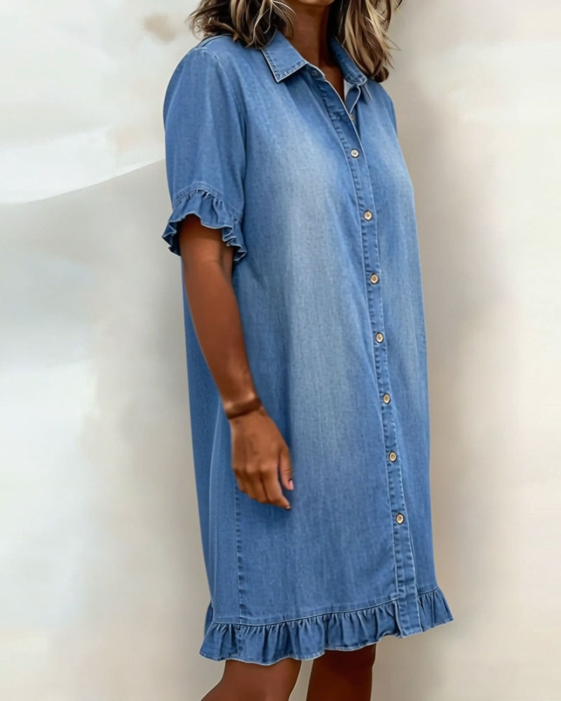 👗Women's Faux Denim Ruffle-Sleeve Shirt Dress