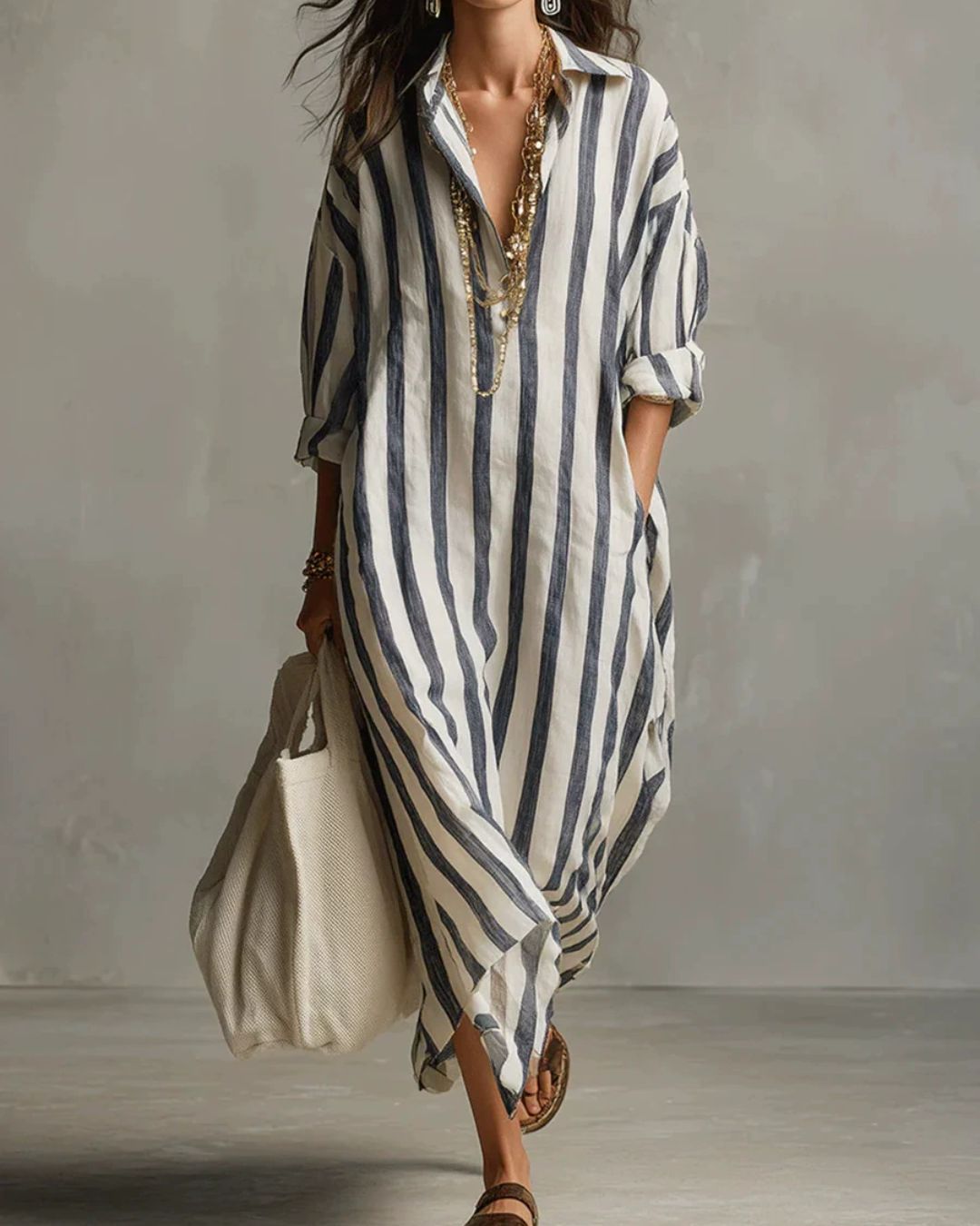Uphidi™ Casual Striped Shirt Boho Maxi Dress