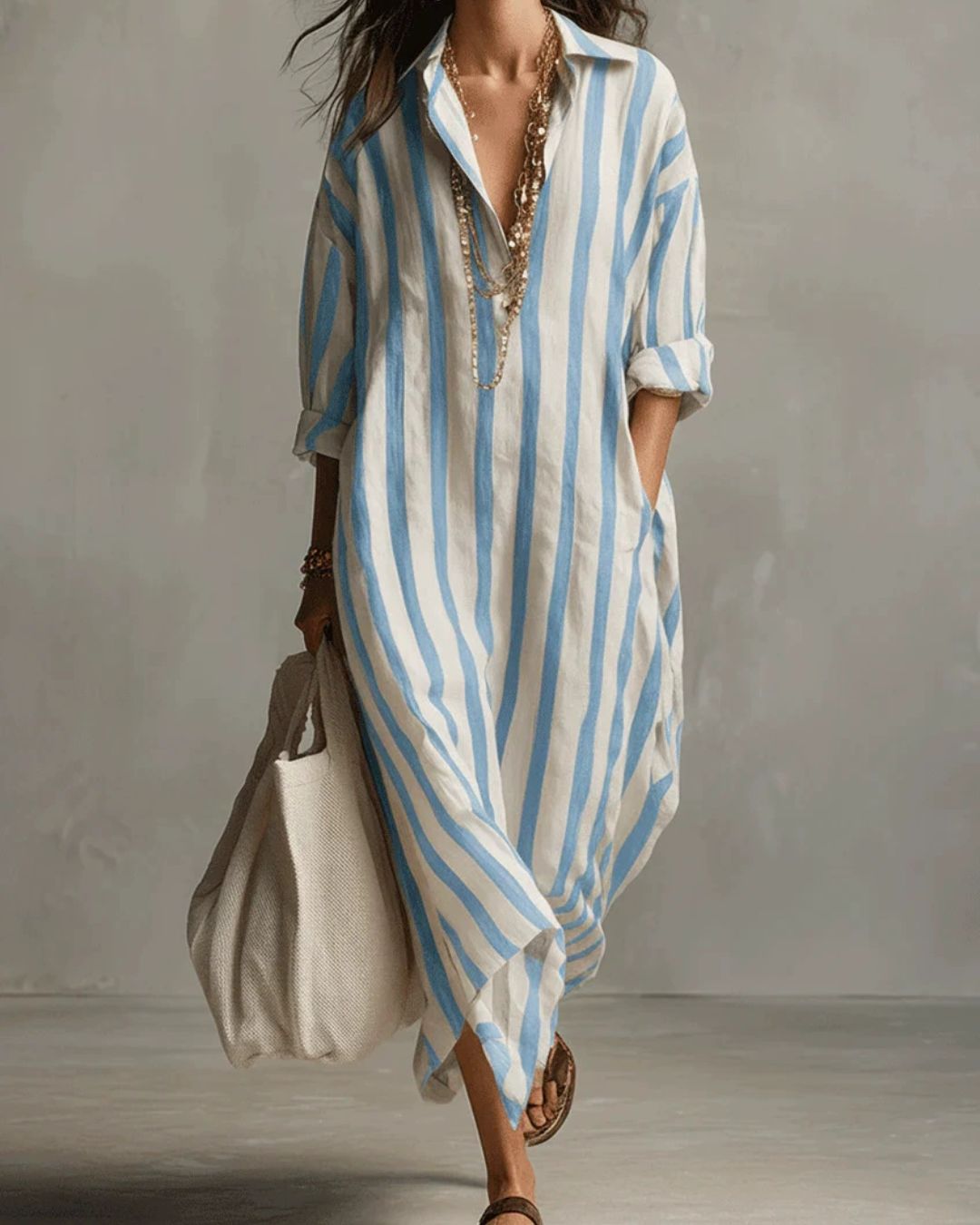 Uphidi™ Casual Striped Shirt Boho Maxi Dress