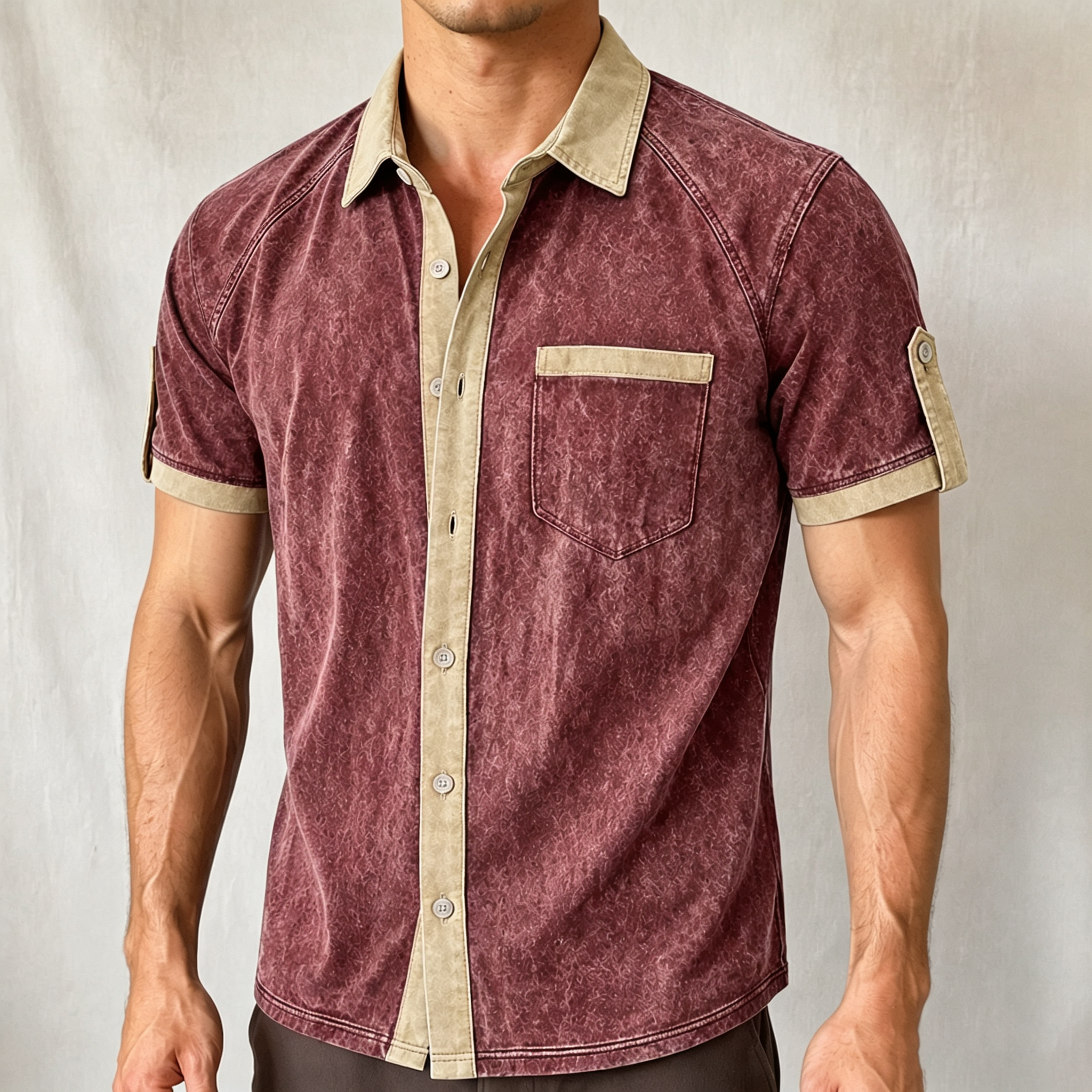 Vintage Washed Contrast Trim Pocket Short Sleeve Shirt For Men