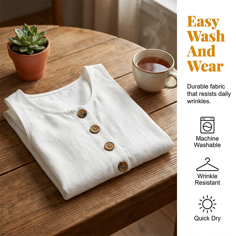 Sleeveless cotton and linen dress with a round neck, solid color, for women