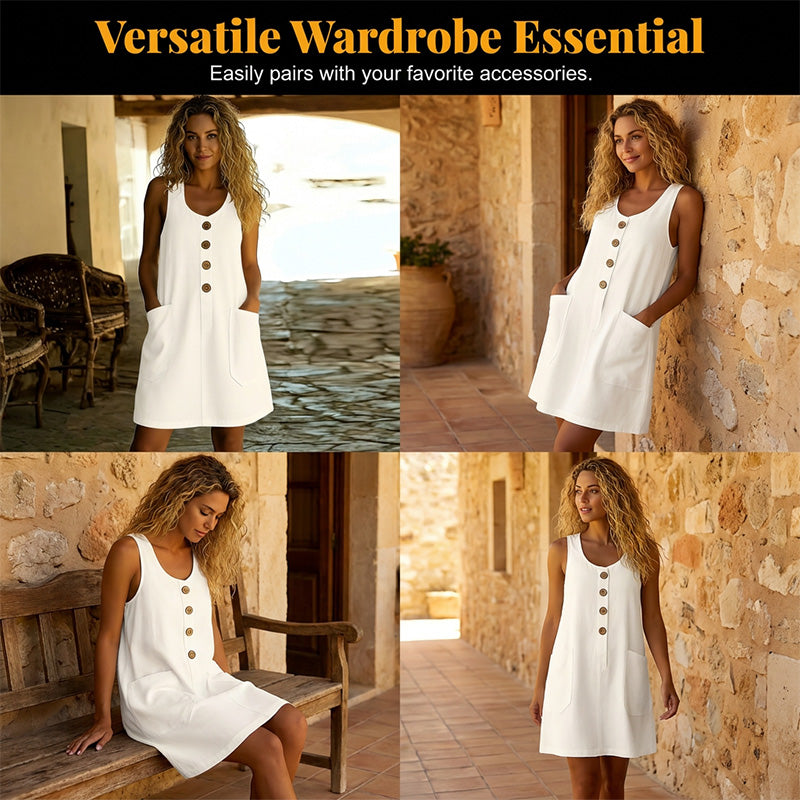Sleeveless cotton and linen dress with a round neck, solid color, for women