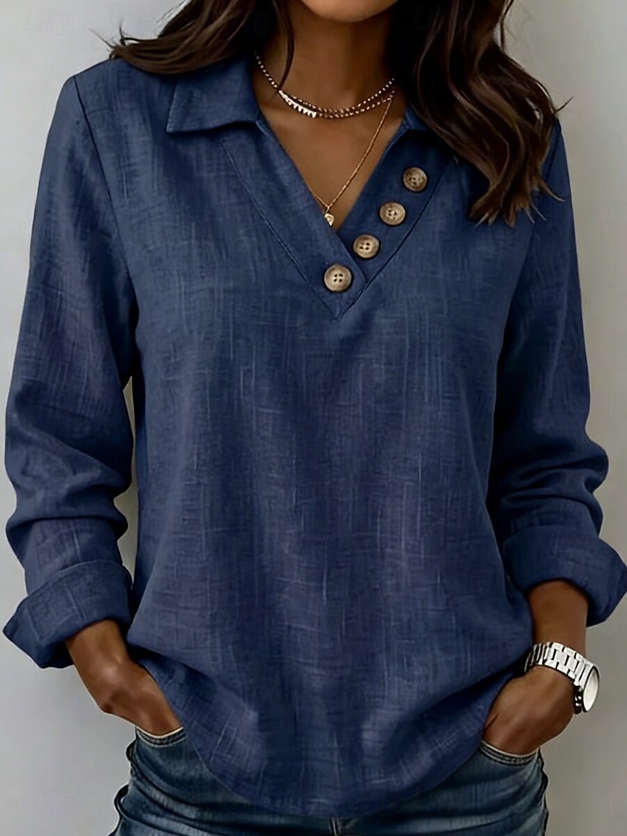 Linen Feel V Neck Long Sleeve Solid Blouse