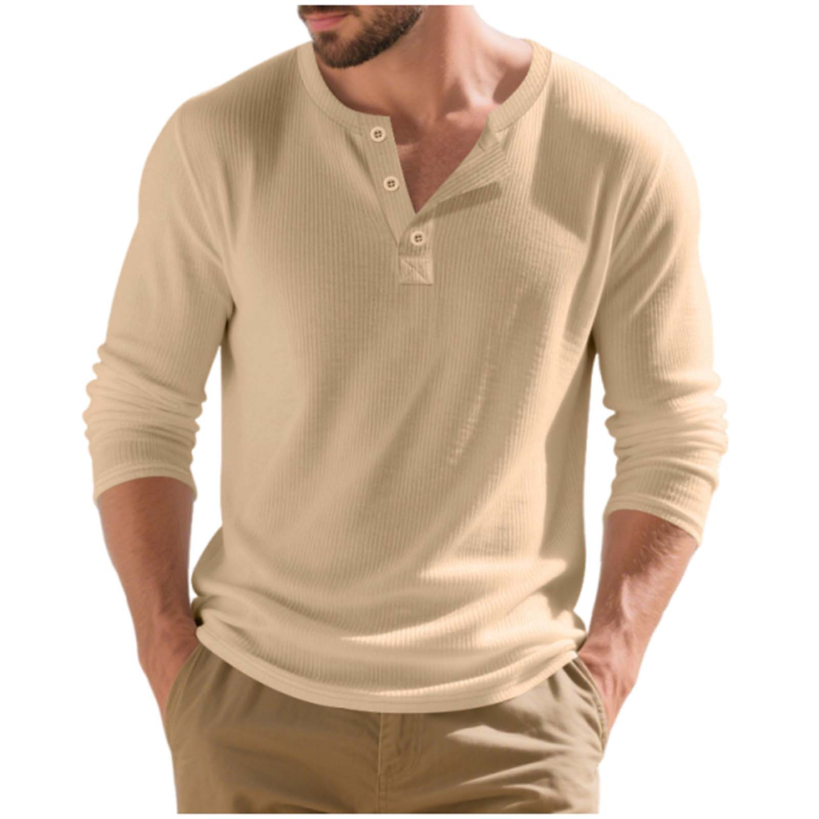 Mens Henley Shirt Long Sleeve Casual Stretch Solid T-Shirts Fashion Pullover Lightweight Tops