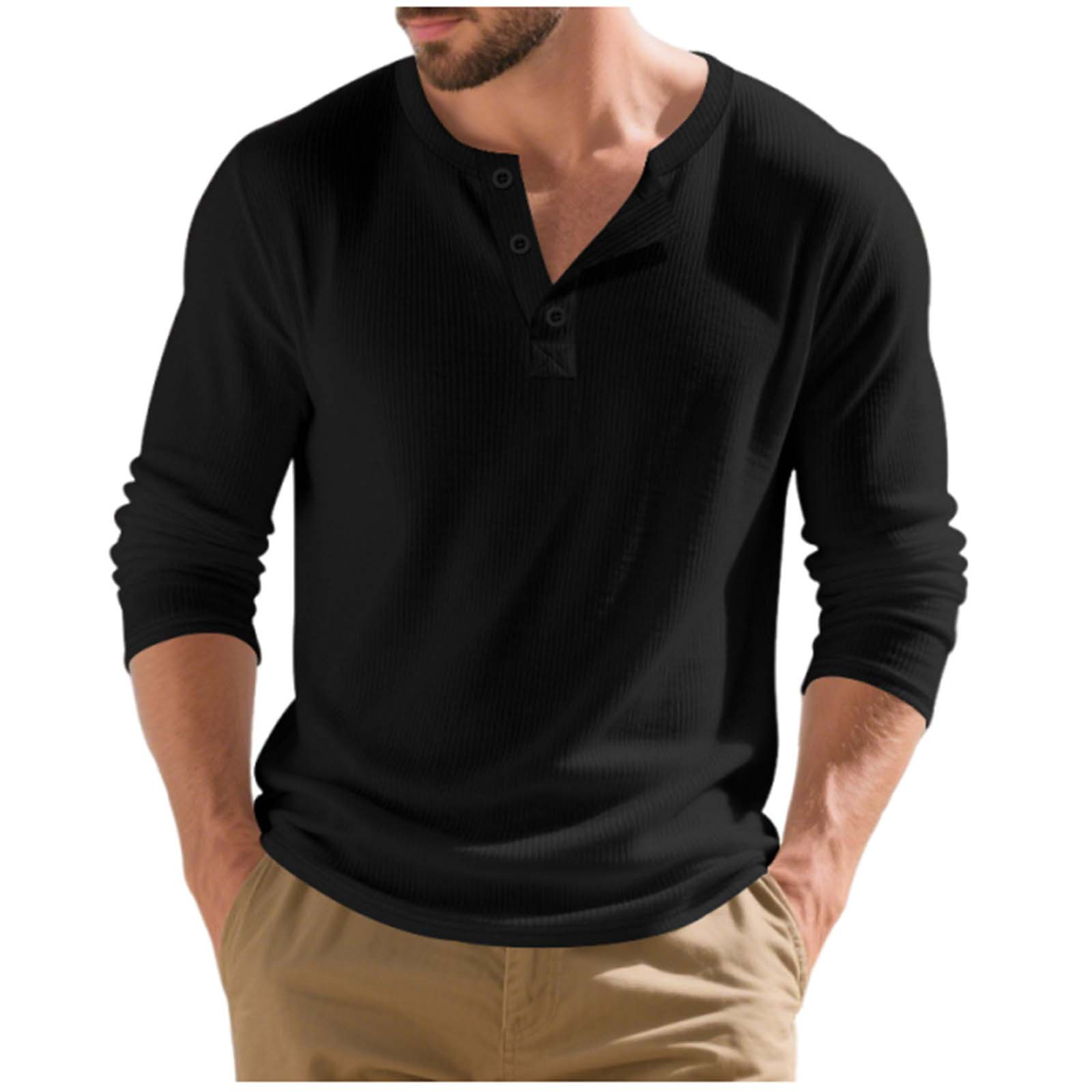 Mens Henley Shirt Long Sleeve Casual Stretch Solid T-Shirts Fashion Pullover Lightweight Tops