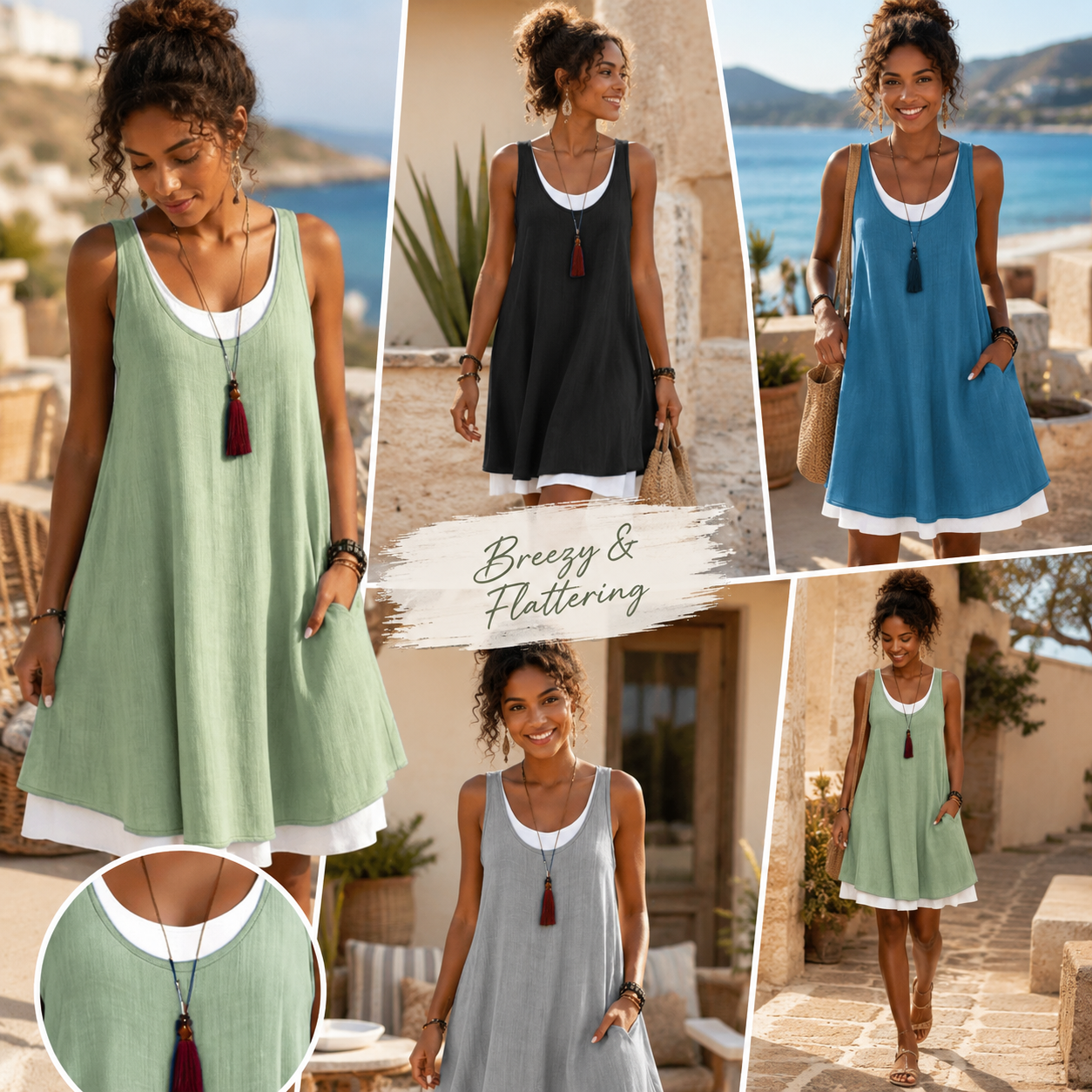 👗Women 2-in-1 Linen Sleeveless Pocket Summer Dress