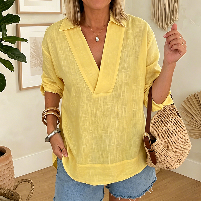 Women Loose Textured Linen Collar Deep V Neck Casual Shirt