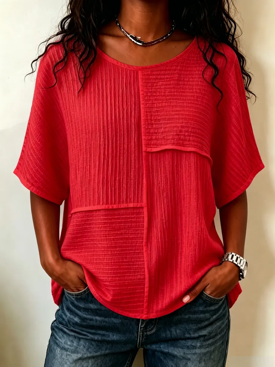 🔥CLEARANCE SALE🔥Women's Textured Patchwork Top with Round Neck and Short Sleeves
