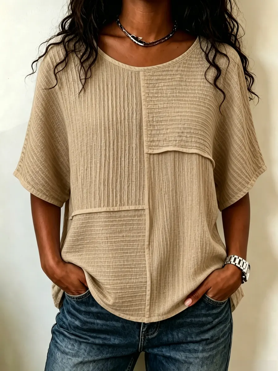 🔥CLEARANCE SALE🔥Women's Textured Patchwork Top with Round Neck and Short Sleeves