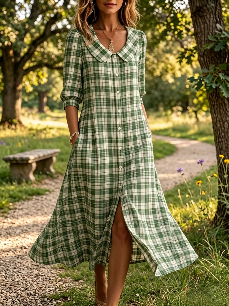New Arrivals🔥 Women's Retro Peter Pan Collar Stripe Print Cotton Linen Dress