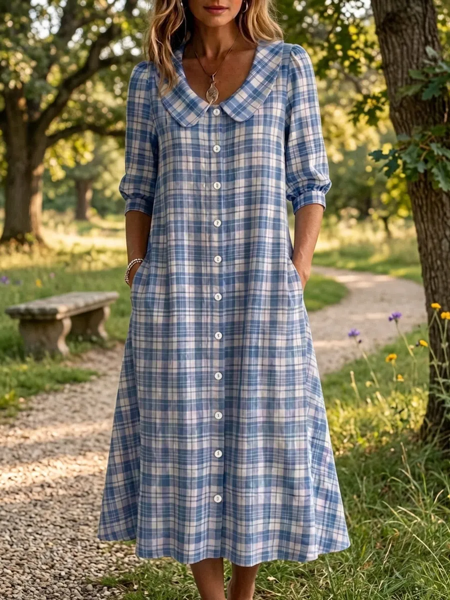 New Arrivals🔥 Women's Retro Peter Pan Collar Stripe Print Cotton Linen Dress