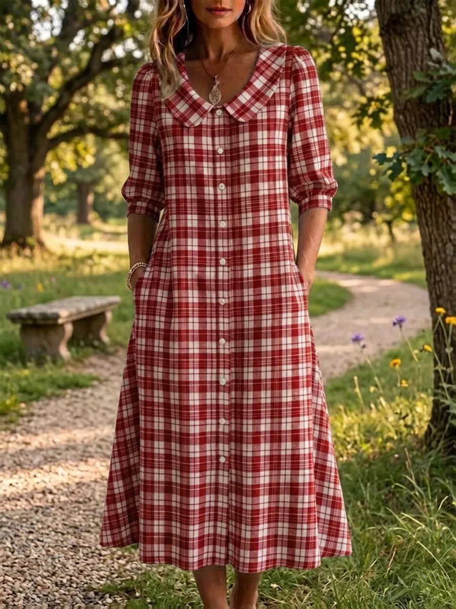 New Arrivals🔥 Women's Retro Peter Pan Collar Stripe Print Cotton Linen Dress