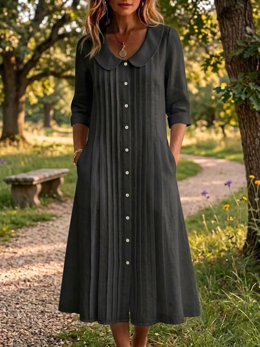 New Arrivals🔥 Women's Peter Pan Collar Casual Loose Pleated Cotton And Linen Dress