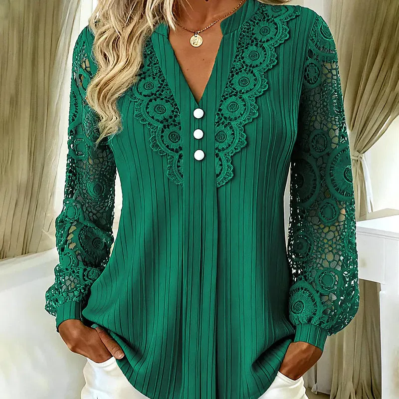 ✨Women's Lace Patchwork V-Neck Long Sleeve Top – Feminine Elegance With Everyday Comfort 🌸