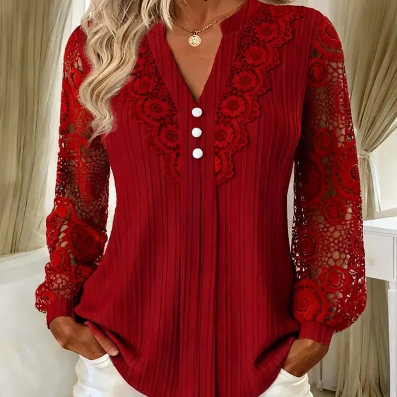 ✨Women's Lace Patchwork V-Neck Long Sleeve Top – Feminine Elegance With Everyday Comfort 🌸