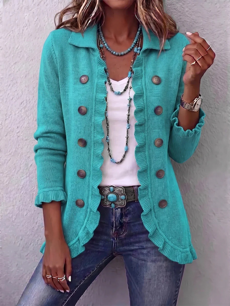 LAST DAY SAVE 49% ⏰Boho‑chic Ruffled Trim Double Breasted Lapel Knit Jacket