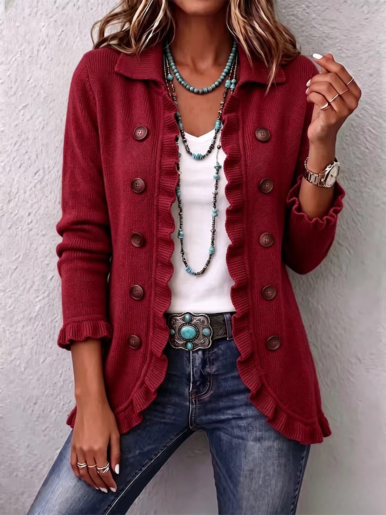 LAST DAY SAVE 49% ⏰Boho‑chic Ruffled Trim Double Breasted Lapel Knit Jacket