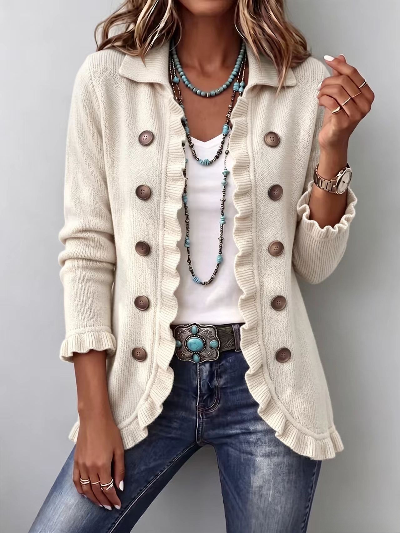 LAST DAY SAVE 49% ⏰Boho‑chic Ruffled Trim Double Breasted Lapel Knit Jacket