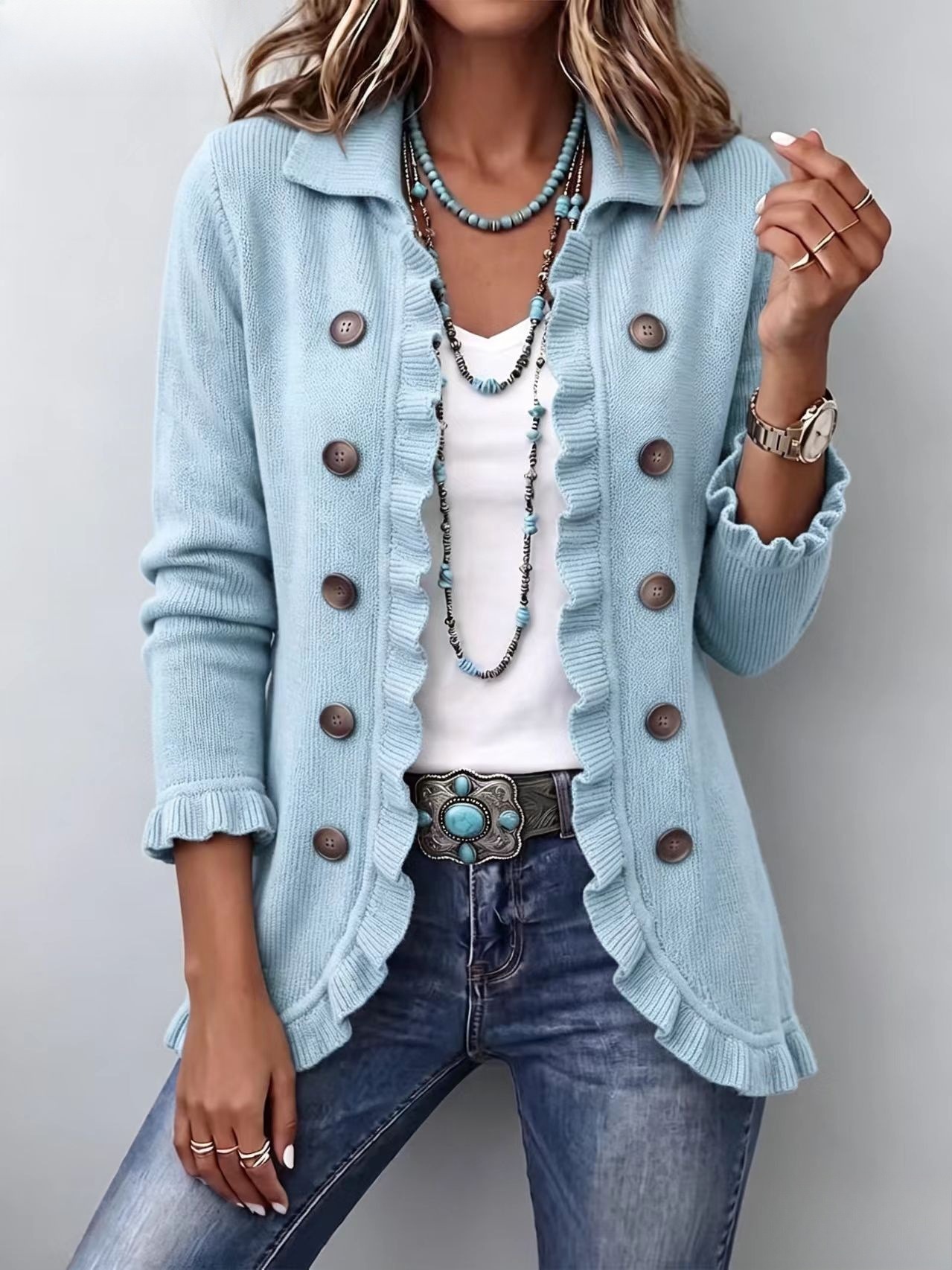 LAST DAY SAVE 49% ⏰Boho‑chic Ruffled Trim Double Breasted Lapel Knit Jacket