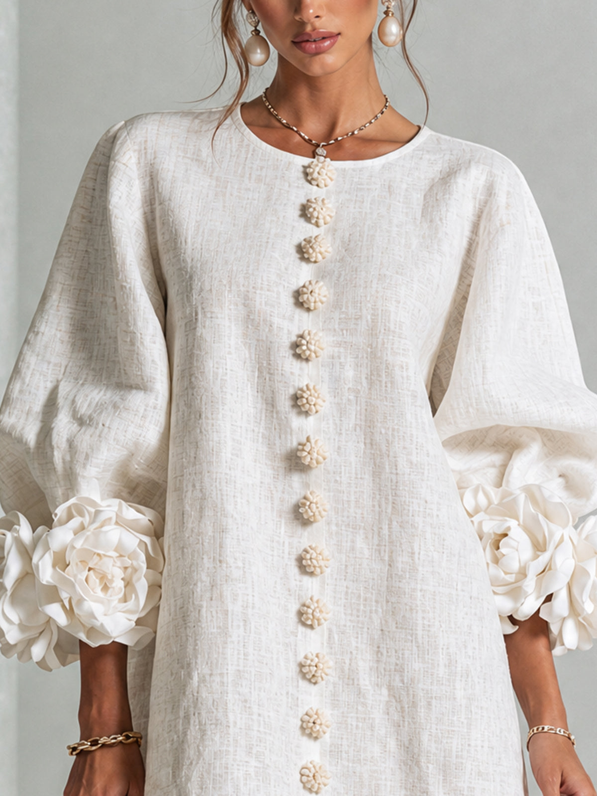 💝💝White Floral Button-down Mini Dress With Striking Floral Cuffs