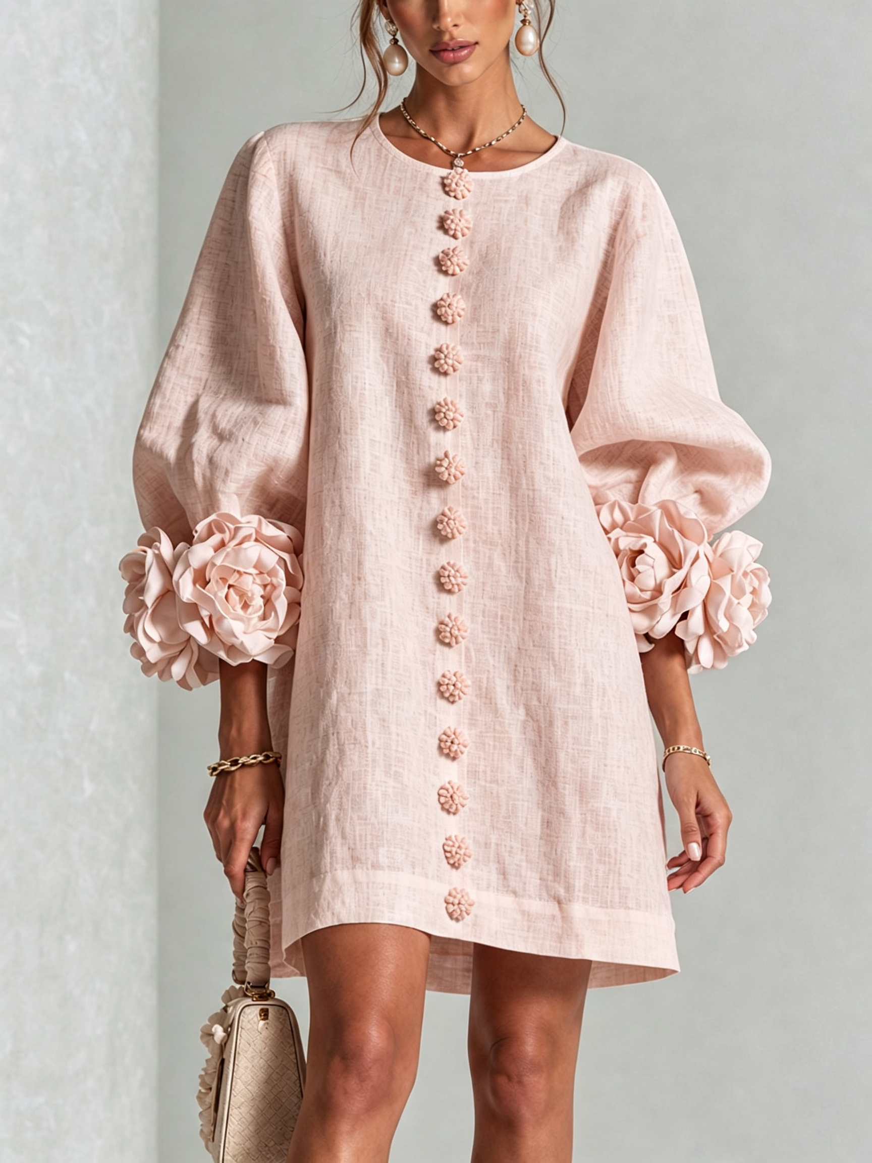 💝💝White Floral Button-down Mini Dress With Striking Floral Cuffs