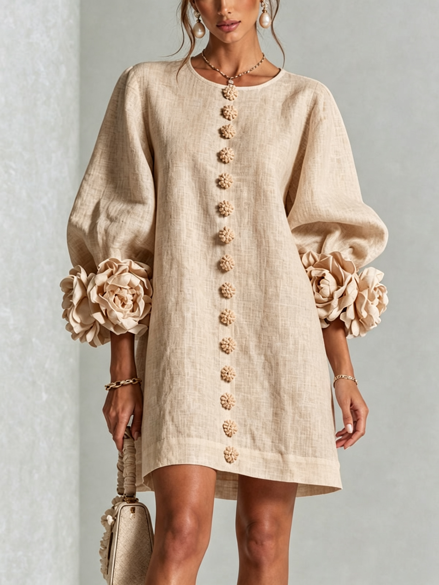 💝💝White Floral Button-down Mini Dress With Striking Floral Cuffs