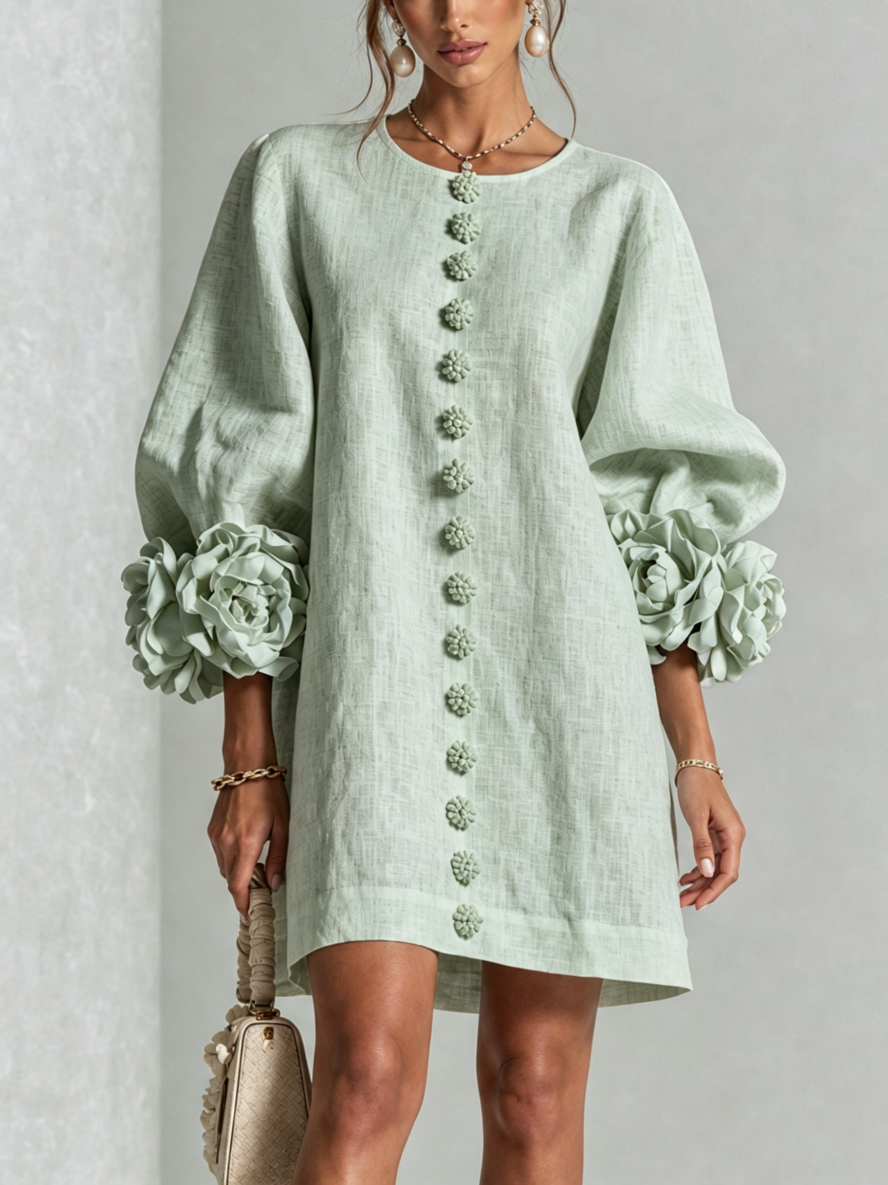 💝💝White Floral Button-down Mini Dress With Striking Floral Cuffs